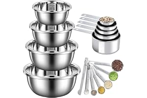 WOOWAIR Set di 4 Ciotole Acciaio Inox Cucina con 12 Misurino, Impilabili Ciotole Cucina per Mescolare e Contenere, Misurini per Cucinare e Cuocere