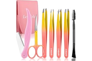 LEIPPLE Pince a Epiler 7Pcs Pour Femmes-Pince à épile de Précision Avec étui de Voyage-Pince à épiler en Acier Inoxydable Pour les Sourcils Avec Ciseaux,Rasoir,Miroir Pour les Cheveux Incarnés (Jaune/Orange)