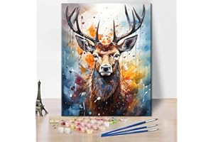TISHIRON Jeleń, obraz olejny, malowanie według liczb, dla dorosłych, początkujących, głowa jelenia z porożem, zwierzę, zestaw do malowania według liczb z pędzlami do dekoracji ścian domu (40x50 cm)