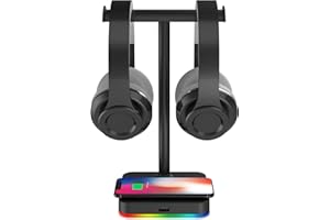 RGB Dual Headphone Stand with Wireless Charger KAFRI Desk Gaming Double Headset Holder Hanger Rack with 10W/7.5W QI Charging Pad and QC 3.0 USB Port - Suitable for Gamer Desktop Table Game Earphone