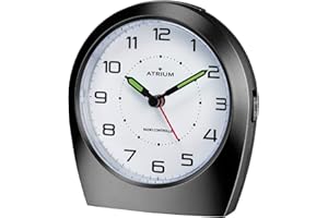 Budzik radiowy Atrium A620-7 - analogowy mechanizm kwarcowy bez tykania, klasyczny design, czarny matowy