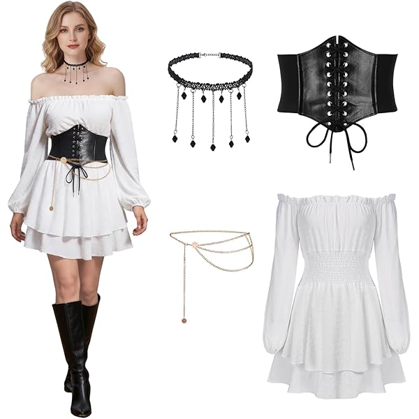 Joellfuner Middeleeuwse jurk voor dames, witte piratenjurk voor dames, schoudervrij, retro, renaissance, kostuum met korset, tailleketting en zijden kousen (korte mouwen, S