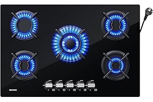 WEHIMO Piano Cottura a Gas 5 Fuochi da Incasso, Piano Cottura 77cm, 10500W, Protezione Flame-Out, Gas Naturale/Propano/Butano, Vetro Nero