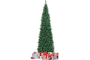 COSTWAY Albero di Natale Slim 150/180/210/240/270 cm, Albero di Natale Artificiale con 220/400/700/1000/1500 Rami e Base in Metallo, Decorazioni Natalizie per Casa e Negozio (210 CM)