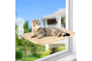 GUUSII HOME Cat Window Hammock Perch Foldable Windowsill Bed Seat for Large Indoor Cats Cordless Kitten Shelf Kitty Lounger with Strong Suction Cups Washable Cover Easy Set-up 58.5 * 30cm(L, Beige)