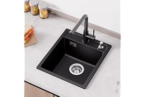 ANYCEE Lavello Cucina Nero 40x46 Cm, 80% Quarzo Sabbia Lavandino Incasso con Sifone, Lavabo Cucina in Granito per Basi 40 cm Larghezza