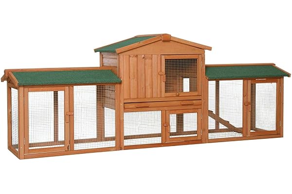 lionto Clapier en Bois à Deux étages avec Rampe, 212x52x85 cm, Toit en Bitume Hydrofuge et Grillage métallique, clapier d’extérieur hivernisé avec 4 entrées et tiroir Amovible