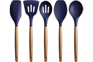 Miusco Utensili da Cucina in Silicone Antiaderenti, 5 Pezzi, Set di Utensili da Cucina con Manico in Legno Duro di Acacia Naturale, Cucchiaio da Cucina, Blu Notte, Senza BPA, per Cottura e Portata
