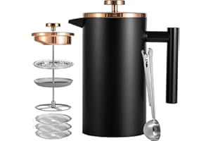 Wrobic Cafetiere French Press Coffee Maker, 1000ml/34oz Double-Wall Insulated Stainless Steel, 3 Level Filtration System, French Press for Home, Camping and Office (6 cup to 8 cup Black)