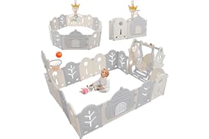 KecDuey Laufgitter 12+2Baby-LaufstallKinderabnehmbar, faltbar, Laufgitter, Kunststoff-Sicherheitstor mit Tür, Spielbrett, Basketballkorb und Kinderschaukel
