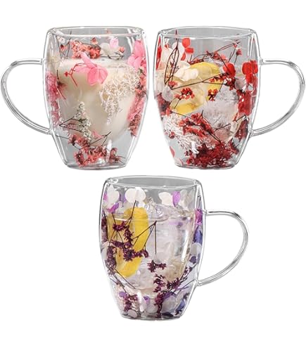 Tazza In Vetro A Doppia Parete 350 Ml Con Fiore Secco Incluso, Manico Isolante, Per Caffè, Tè, Latte, Trasparente