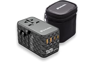 Verbatim GaN uniwersalny adapter podróżny UTA‑06 100 W, adapter z 2 gniazdami USB‑A i 2 portami USB-C, szybka ładowarka do laptopa, telefonu komórkowego, aparatu fotograficznego i Co, wtyczka podróżna