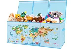 decalsweet Contenitore Giochi Bambini Extra Large con Coperchio Ribalta, Scatole Porta Giochi Pieghevole Oxford, Baule Portagiochi Impermeabile per Ragazze Ragazzi, 96×32×40cm(Mappa dei Dinosauri)