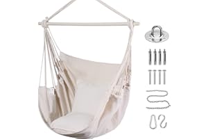 Goutime Schaukel Stuhl Große Hängematte Stuhl Weiche Baumwolle mit 2 Sitzkissen Kissen mit Tragetasche Hängeschaukel Indoor & hängesessel Outdoor,Hängesitz für Erwachsene & Kinder bis 330Lbs (Beige)