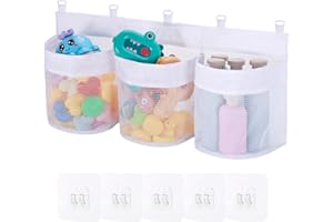 Huiguli Bolsa Juguetes Bañera, ExtraGrande Organizadores de Juguetes Baño con 5 Ganchos Autoadhesivos, Red de Almacenamiento Bañera para Niños Bebés, Secado Rápido (Blanco)