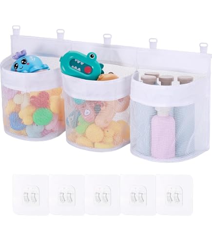 Rete Porta Giocattoli Da Bagno, Organizer Appendibile Con Ventose, In Poliestere, Grande Capacità, 60x20 Cm, Per Vasca E Doccia, Bianco, Facile Installazione