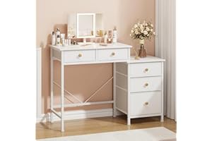 OYRREU Dressing Table with Mirror & 3 Modes Light, Small Vanity Table Makeup Desk with 5 Fabric Drawers and 2x 3x Magnification Mirror for Bedroom, White
