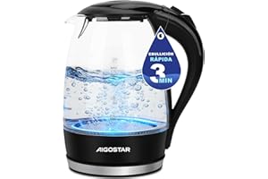 Aigostar Adam 30GOM - Hervidor de Agua Eléctrico de Cristal, Hervidores Eléctrico con Iluminación Led, 1,7 L, 2200W, Libre de BPA y Sistema de Protección Contra la Ebullición en Seco, Base 360º