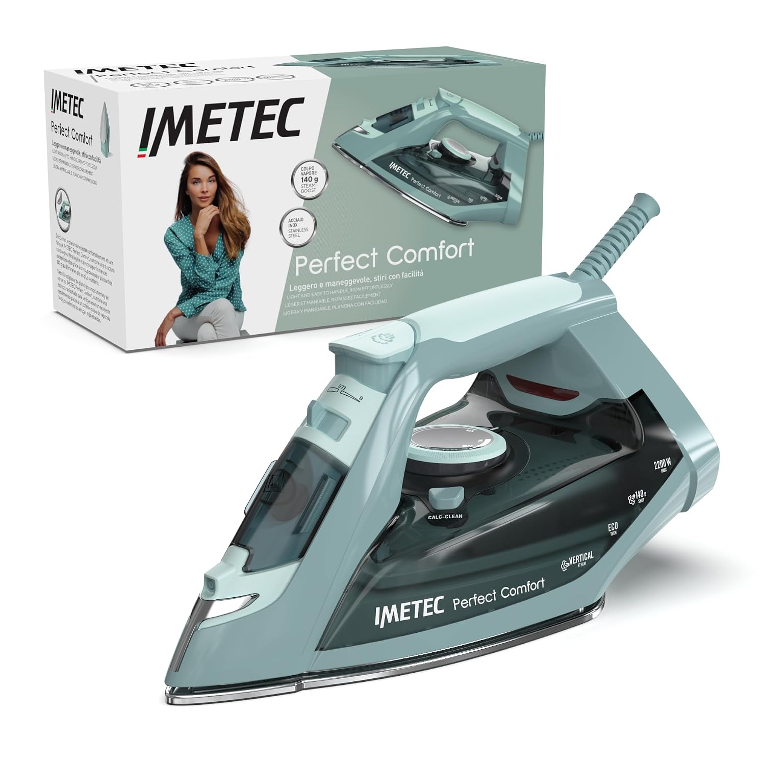 Imetec Perfect Comfort – Ferro da stiro a vapore 2200W | Piastra in acciaio inox | Colpo vapore 140 g | Protezione anticalcare | Risparmio energetico