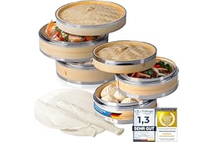 Dimono® cuiseur vapeur bambou avec inox, 2 étages de cuiseur vapeur avec couvercle, panier vapeur cuiseur à riz bambou pour Sim Sum Dumplings, légumes, riz, viande, poisson (Lot de 2)