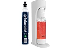 Drinkmate Machine à eau et jus de vin mousseux à cocktail sans alcool pour gazéifier n'importe quelle boisson avec un bouton poussoir, avec bouteille de 1 l et cylindre de CO2 de 60 litres, blanc