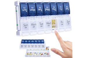 CSTDE Weekly Pill Organiser 2 Times a Day, Easy Fill Large Pill Box 7 Day, Am Pm Medicine Organiser, Push Button Daily Pill Case for Vitamin, Fish Oil, Supplements