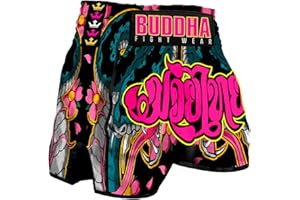 Buddha Fight Wear - Pantalon Muay Thai et Kick Boxing Modèle Européen Geisha - Tissu Satin Premium - Nouveau Motif Européen - Grande Adaptation à la morphologie de Chaque Combattant - Divers modèles