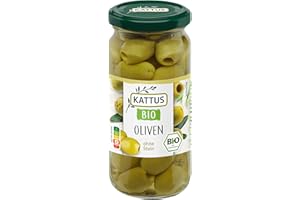 Kattus - Bio grüne Oliven ohne Stein | Griechische Oliven zum Verfeinern von Salaten oder Saucen | Aus biologischem Anbau | 125 g im Glas