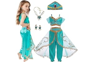 Ansamy Disfraz de Princesa Jazmín para Niña con Diadema y Collar Pendientes,Vestido de Jasmine Cosplay Halloween Fiesta de Cumpleaños Carnaval