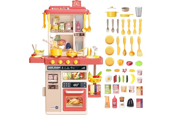 deAO Cuisine pour Enfants avec Sons et Lumières - 50 Accessoires, Vaisselle, Aliments, Évier, Four et Plaques de Cuisson - Kit de Jeu Kitchen Toy