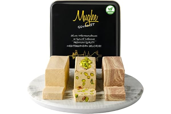Halva assorterad elegant presentförpackning i burk 850 g - Tahini Halvah Variety Pistasch, Marmorchoklad, Vanilj - Flakig turkisk Halawa Vegansk Sesampasta - Halal, Parve, Glutenfri, Mejerifri, MUGHE GOURMET