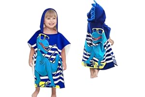 SUPGOMAX Kapuzen Badeponcho, Kind Poncho Handtuch, Baby Kapuzen Strandtücher, Cartoon Saugfähig Kinder Strandtuch, Kind Badetuch mit Kapuze für Strand Schwimmen Dusche (Blau Dinosaurier)