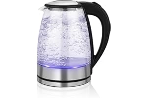 ZOUNIN Bollitore elettrico da 2L,bollitore in vetro borosilicato,luce blu a LED, 2300W,spegnimento automatico,Ebollizione Rapida,acciaio inox,senza BPA