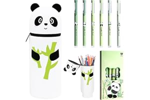 Byhsoep Panda Trousse, avec 6 Stylo Gomme, Trousse 2 en 1 en Silicone Souple Panda, Papeterie Kawaii, Fournitures Scolaires/De Bureau à Domicile