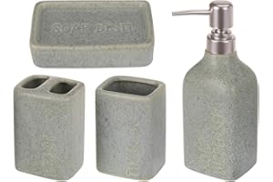 your castle Juego de baño de 4 Piezas de cerámica - Accesorios de baño con Aspecto de Cemento: dispensador de jabón líquido, jabonera, portacepillos de Dientes, Taza para cepillos de Dientes en Verde