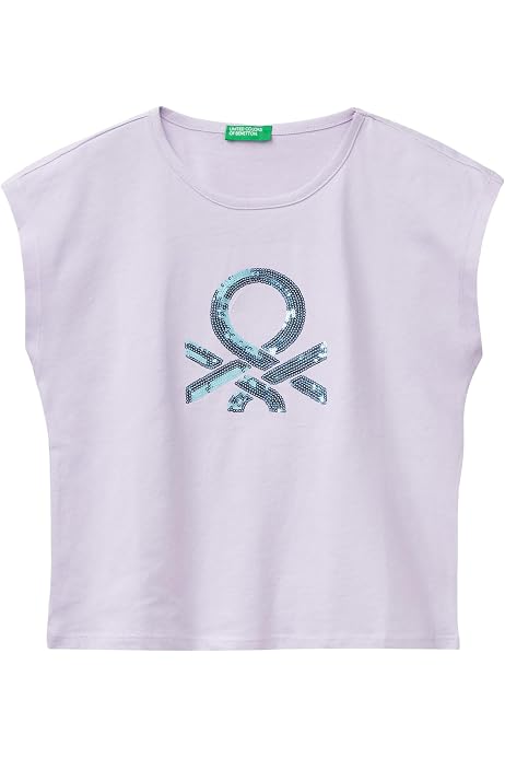 T-shirt Fille United Colors Of Benetton - Manches Courtes Coton Bio - Broderie Paillettes - Confortable Et Stylé