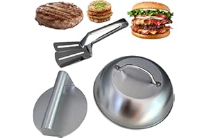MEGYAD Juego de 3 hamburguesas de acero inoxidable, incluye pinzas para asar, prensa de carne y tapa de olla, smasher para barbacoa plana, apretando grease fácil de limpiar, antiadherente