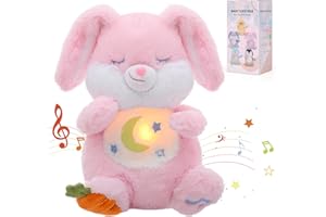 Edencomer Slumber Cuddly Toy - Snooze Rabbit with Simulated Breath, Music and Night Light, Cuddly Toy with Breathing Movement, Accompany Children to Sleep (Pink Rabbit)