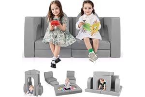 COSTWAY Convertible Kids Play Couch, 8-Piece Modular Soft Floor Foam Playset with Removable Covers, Fold Out Children Sofa Bed Toddler Imaginative Furniture for Playroom Kidsroom Living Room (Grey)