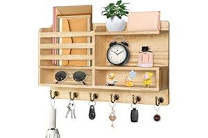 JC-Houser Schlüsselbrett Mit Ablage Holz, Wandhalterung Schlüsselhalter mit 6 Schlüsselhaken, Dekorative Schlüsselablage Schlusselhalterung für Eingangsbereich, Flur, Schlafzimmer, Büro(Curry)