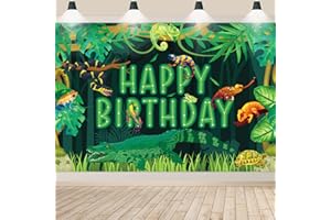 QUERICKY Reptile Birthday Backdrop, Reptiles Snakes Lizard Alligator Turtle Happy Birthday Backdrop for Kids Boys Birthday Party Decorations, Jungle Swamp Wilderness Birthday Party Supplies, 180x120cm