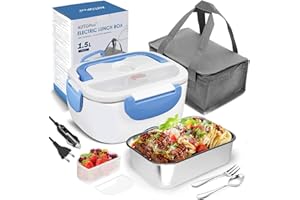 AUTOPkio Scaldavivande Elettrico 3 in 1 per Auto Camion e Ufficio 220V 24V 12V 40W, 1.5L Lunch Box Porta Pranzo di Acciaio Inossidabile Termo Portatile con Cucchiaio e Due Scomparti