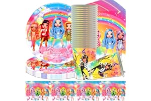 QWEPU Vaisselle de Fête Anniversaire, 61pcs Ra-in Doll Vaisselle de Fête, Plates Cups Tablecloths Anniversaire-Vaisselle serviettes, assiettes en carton, nappes, gobelets for 20 Children