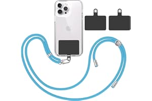 TBOC Pack: Cordón Correa Cuerda Universal [Celeste] + 2 Parches Extra de Sujección [Negro] - Colgar Funda Teléfono Móvil en Cuello - Cinta Colgador Lanyard Regulable con Enganche Llavero