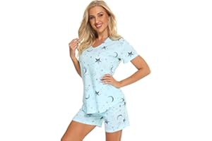 Jecarden Damska piżama, krótka, damska piżama, zestaw letni, bielizna nocna, bawełna, dwuczęściowy strój do spania, spodnie ze ściągaczem w kształcie litery V, piżama z krótkim rękawem