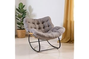 GENERIC Egg Chairs Oversized Rattan Wicker Outdoor Rocking Chair Metal Frame Garden Rocking Chair Large Support Modern with Cushioned Seat (Light Grey)