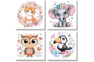 NEWENMO Kit de 4 Piezas Pintar por Numeros Niños Animales,Pintura por Numeros Niños de 6-8-12 Años con Marco,Patrón de Gatito Elefante Búho Tucán,DIY Paint by Numbers para Decoración Hogar 20x20cm