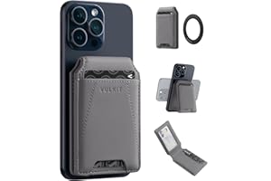 VULKIT Magnetic Wallet Compatible with MagSafe Wallet, Phone Wallet with Adjustable Stand, for iPhone 15/14/13/12 Series, 4 Leather Card Slots, with Extra Self-Adhesive Magnetic Ring, gray, Minimalist