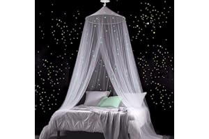 Modacraft Sterne Mond Leuchtende Moskitonetz für Doppelbett Einzelbett Babybett Kinderzimmer mit Klebehaken Schrauben, Feinmaschiges Betthimmel Mückennetz für Zuhause und Reisen Indoor Outdoor