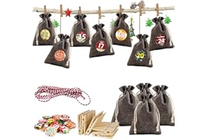 MIUEZUTH Adventskalender Jutesäckchen zum Befüllen und Aufhängen, 24 Stoffbeutel für Geschenk-Verpackung, 2024 Weihnachten Geschenksäckchen Deko Kette zum Selberfüllen, jutebeutel, 24 Zahlen Buttons von DIY